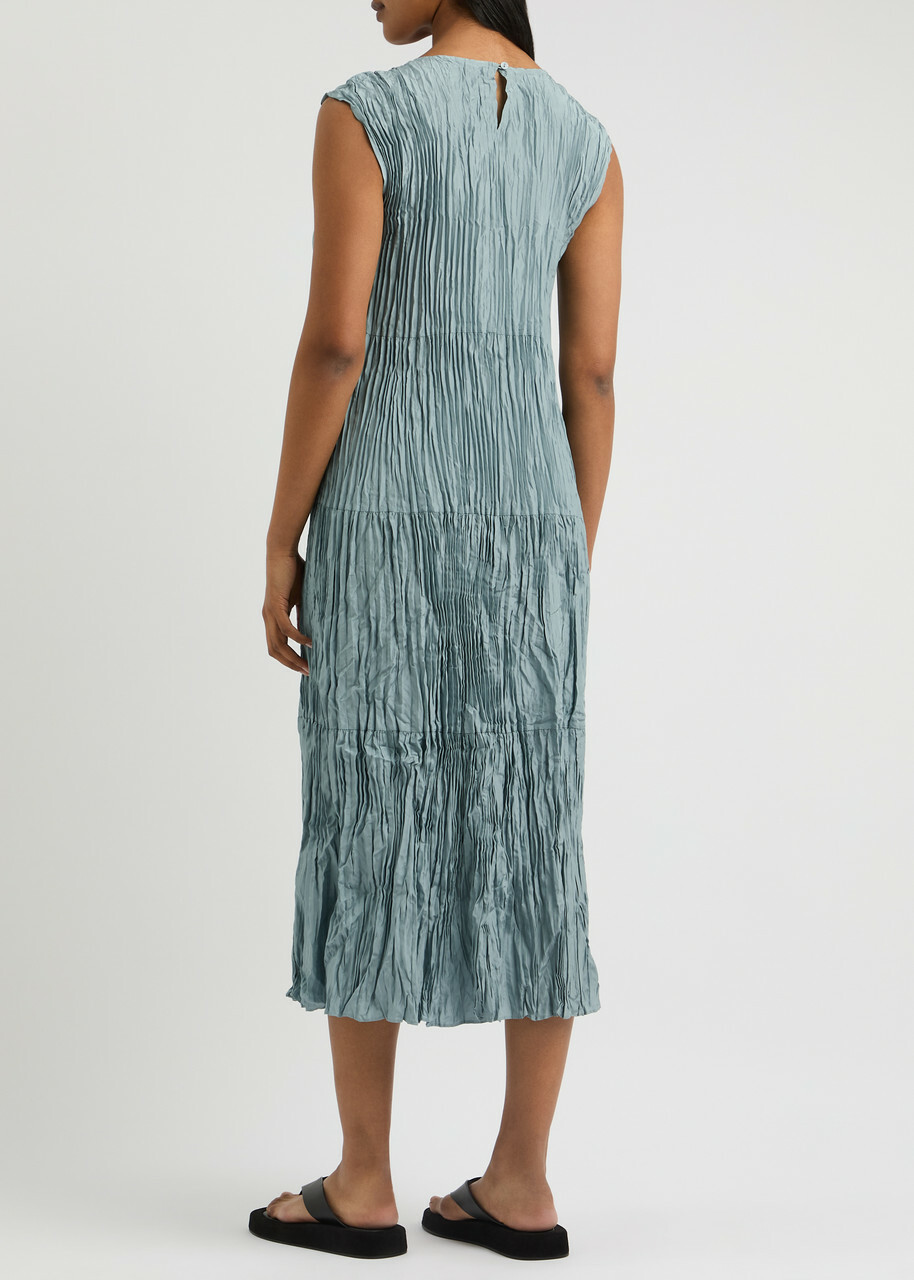 Eileen Fisher Jewel Plissé Silk Midi Dress Light Blue EILEEN FISHER