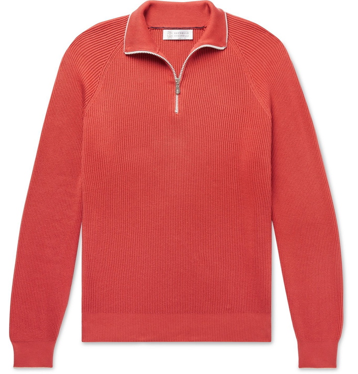 Photo: Brunello Cucinelli - Contrast-Tipped Ribbed Cotton Half-Zip Sweater - Orange