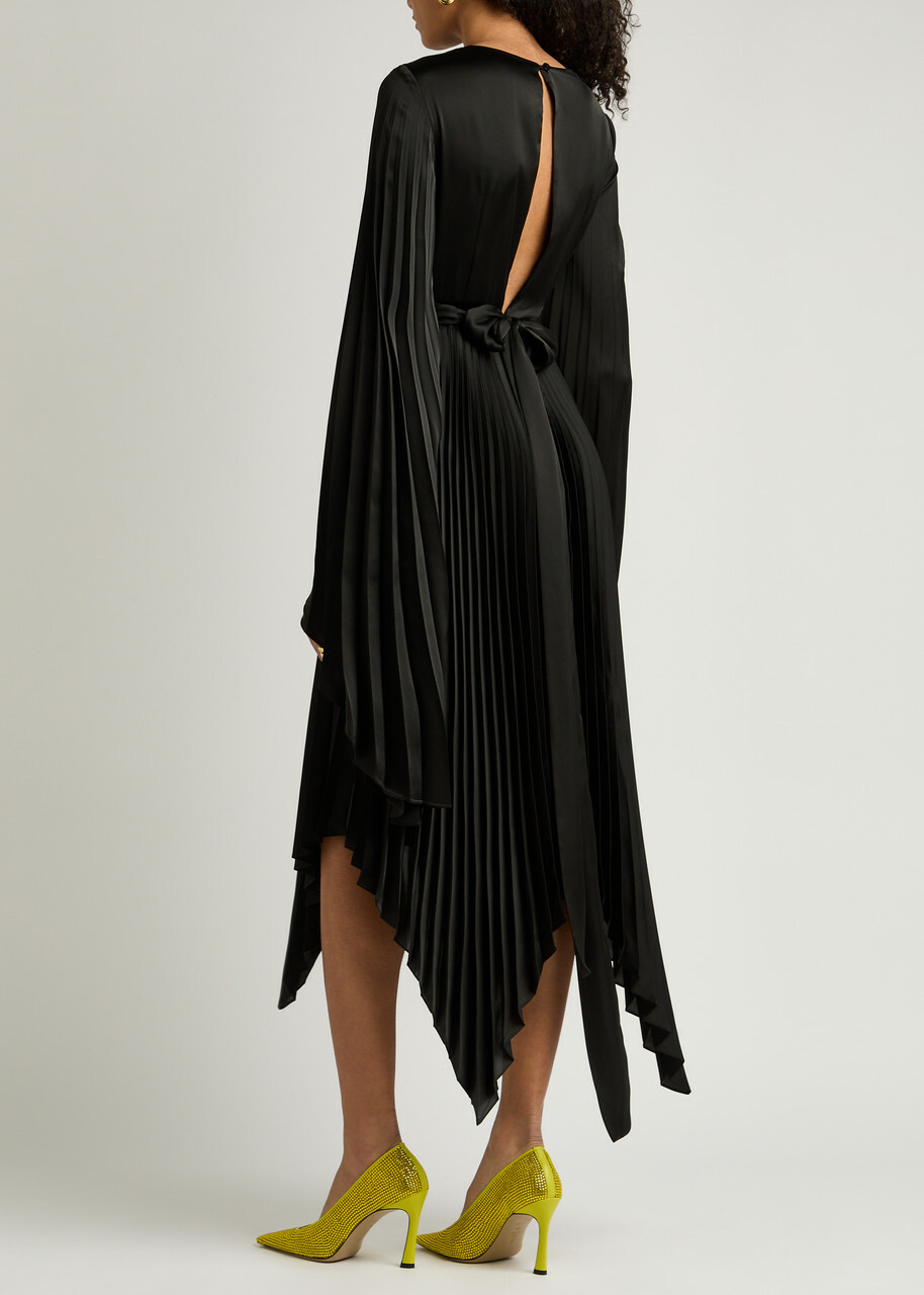 A.W.A.K.E Mode Pleated Wrap-effect Satin Midi Dress Black