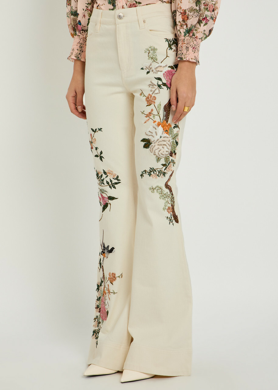 Alice + Olivia Beautiful Floral-embroidered Flared-leg Jeans White