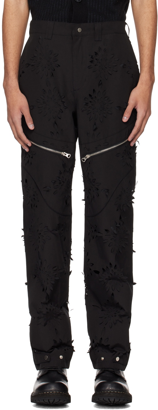 Juntae Kim Black Laser-Slashed Flower Trousers