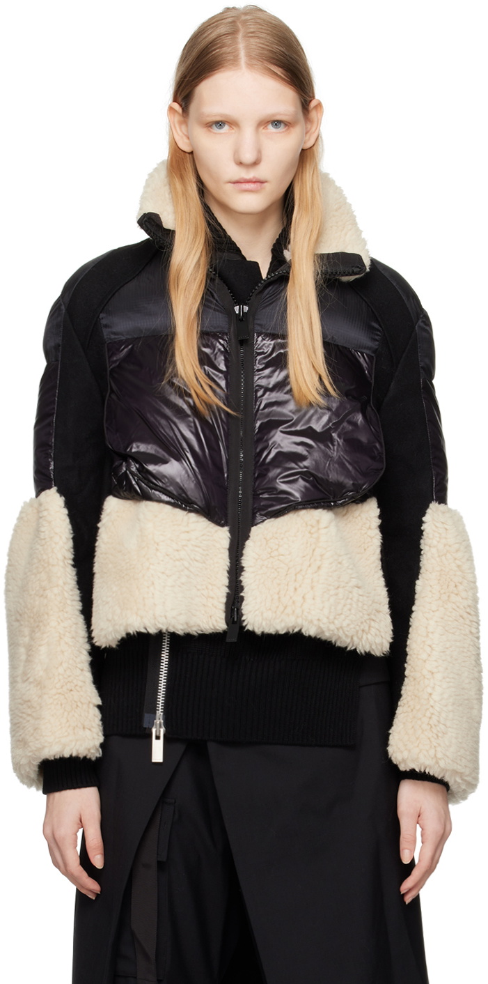 sacai Black & Off-White Paneled Faux-Shearling Coat Sacai