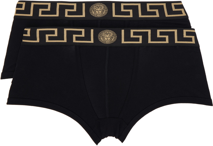 Photo: Versace Two-Pack Black Greca Border Boxer Briefs