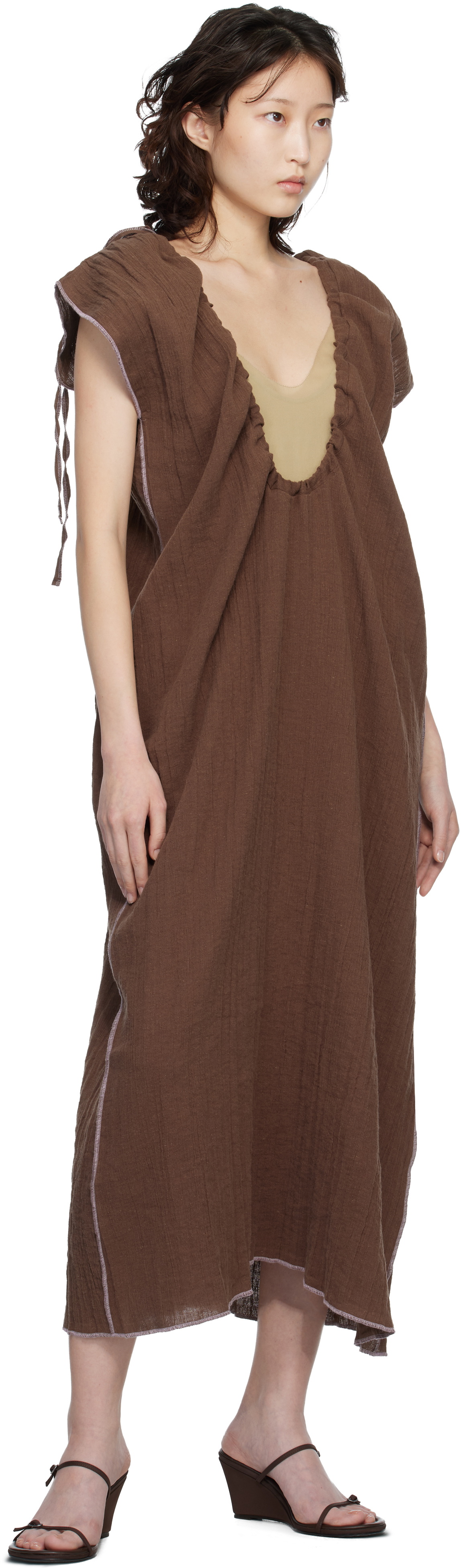 Baserange Brown Max Crinkle Linen Maxi Dress
