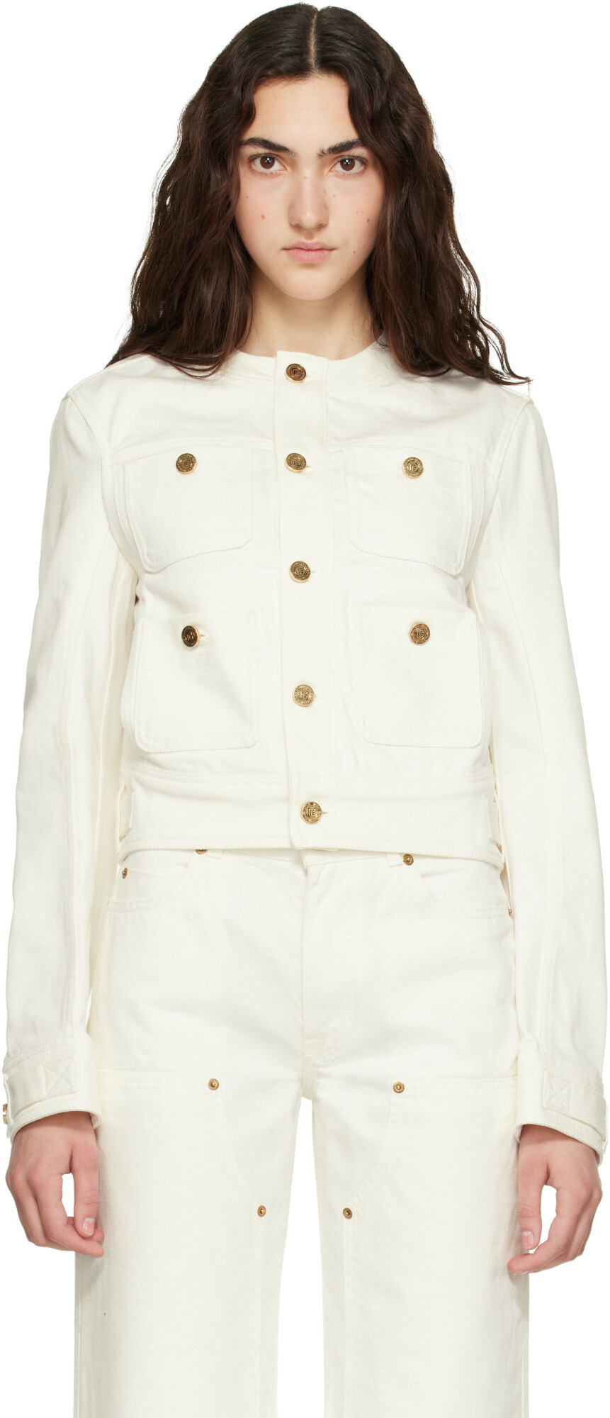 BALMAIN Off-White Patch-Pocket Denim Jacket