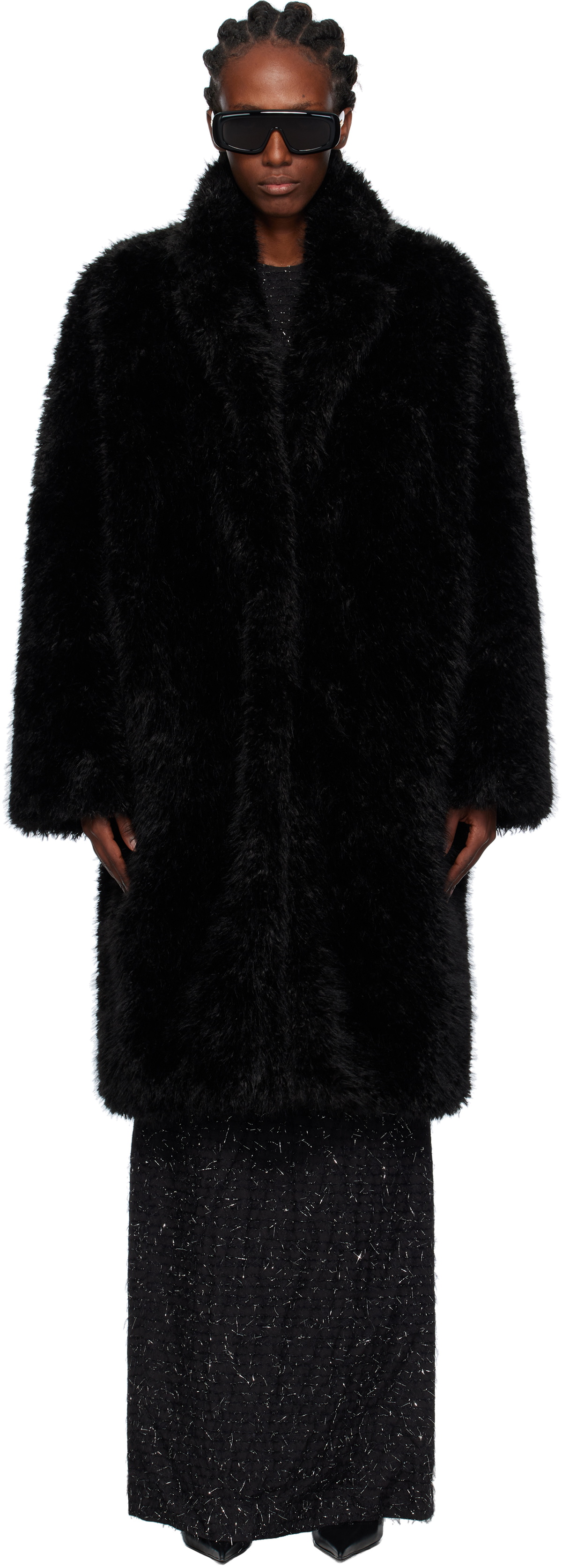 Pushbutton Black Notched Lapel Faux-Fur Coat