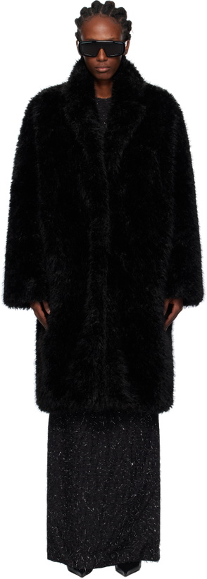 Photo: Pushbutton Black Notched Lapel Faux-Fur Coat