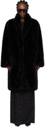 Pushbutton Black Notched Lapel Faux-Fur Coat