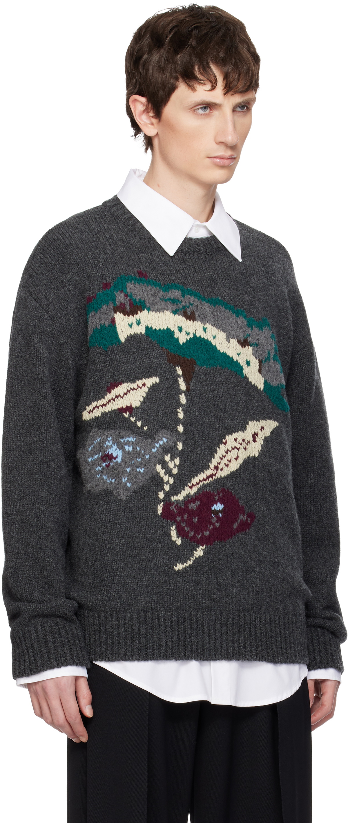 WOOYOUNGMI Gray Flower Jacquard Wool Sweater