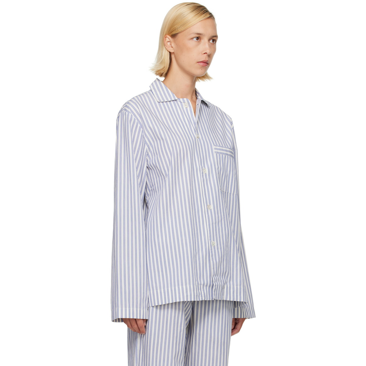 Tekla Blue & White Poplin Long-Sleeved Pyjama Shirt