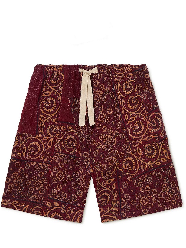 Photo: Karu Research - Wide-Leg Upcycled Embroidered Patchwork Cotton Drawstring Shorts - Red