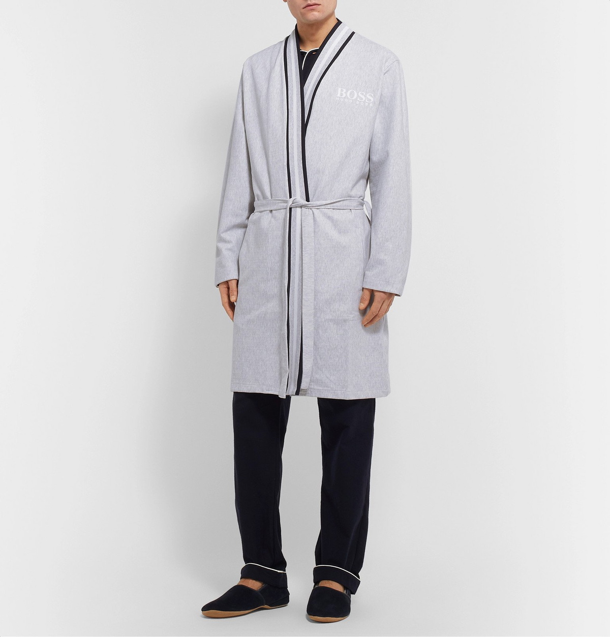 Hugo Boss - Striped-Trimmed Ribbed Mélange Cotton Robe - Gray Hugo Boss
