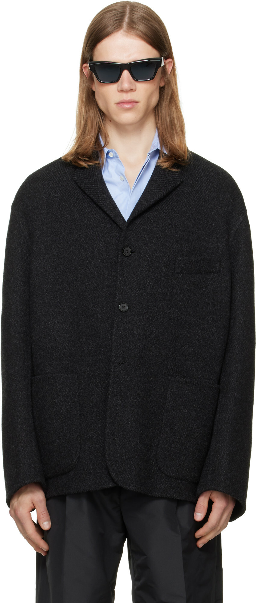 Jil Sander Gray Wool Chevron Jacket