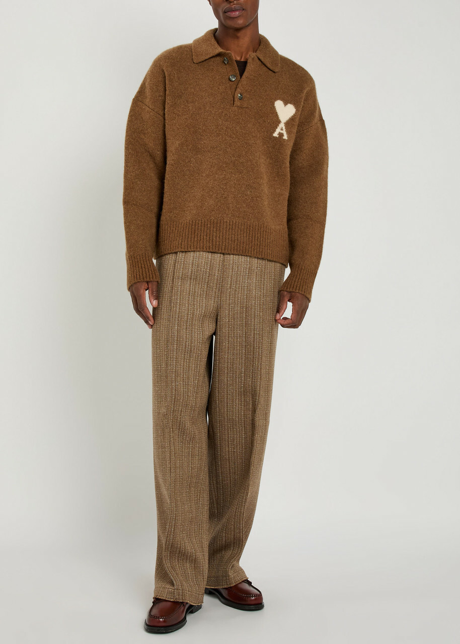 Ami Paris Logo-intarsia Alpaca-blend Polo Jumper Brown