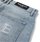 BALMAIN - Skinny-Fit Distressed Logo-Embroidered Denim Jeans - Blue