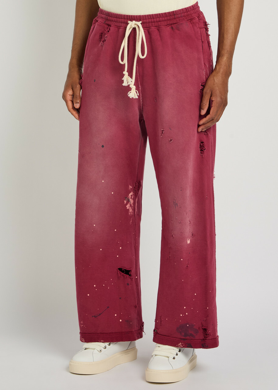 Satoshi Nakamoto Luke Printed Distressed Cotton Sweatpants Burgundy