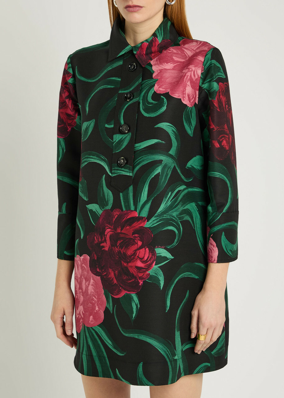 LA Double J Artemis Floral Wool-blend Mini Shirt Dress Black