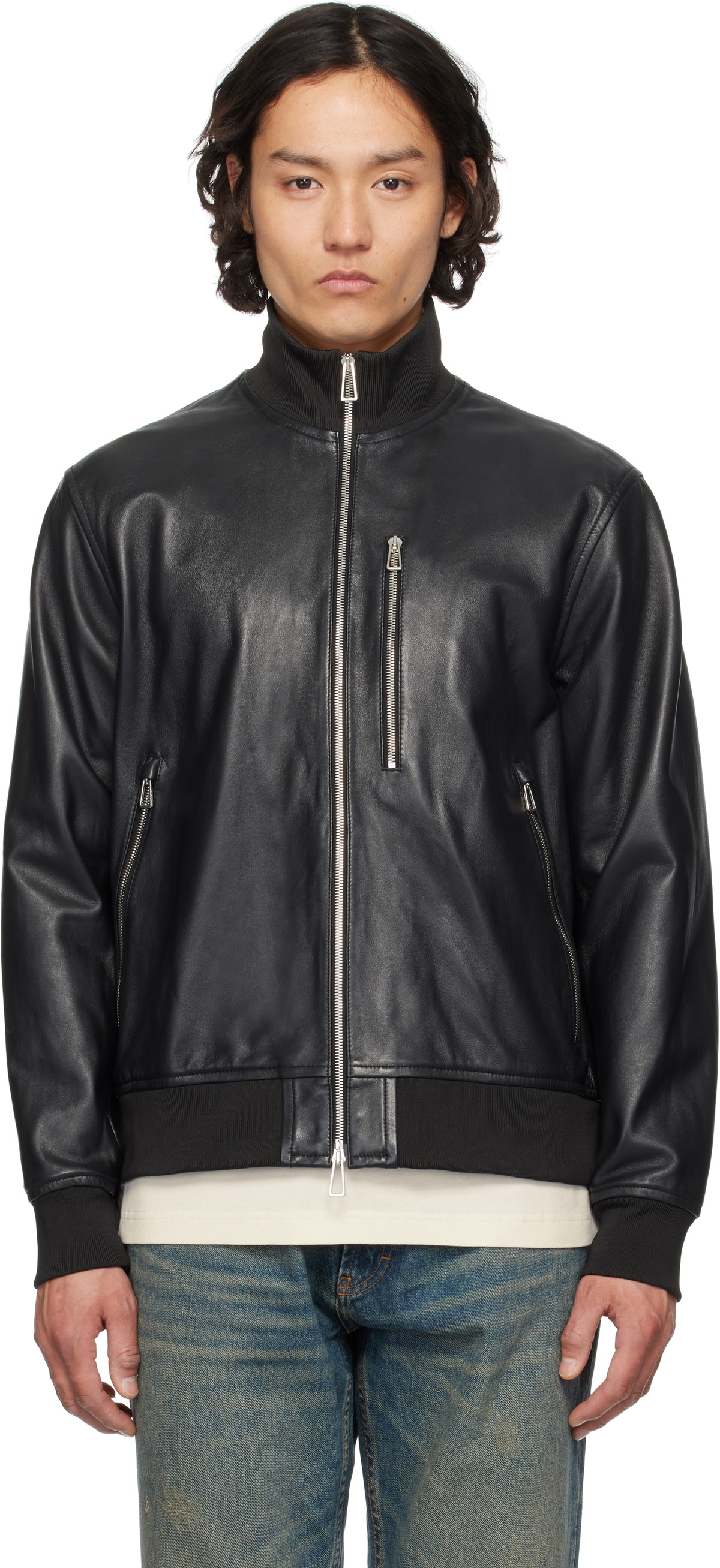 PS by Paul Smith Black Leather Bomber Jacket