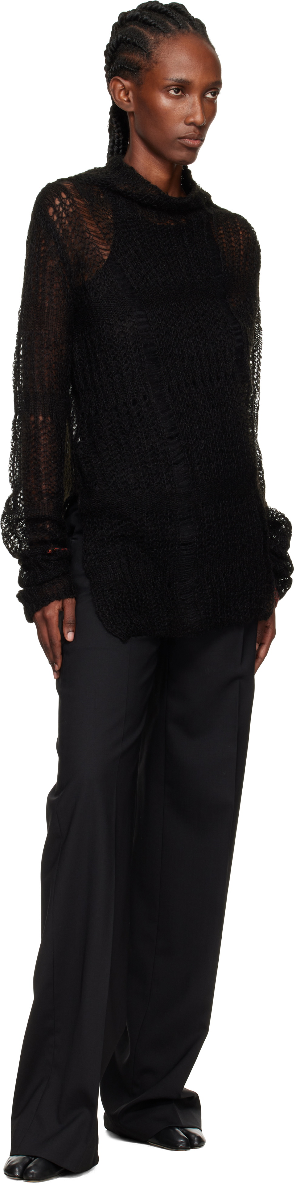 Y's Black Sheer Asymmetry Long Knit Sweater