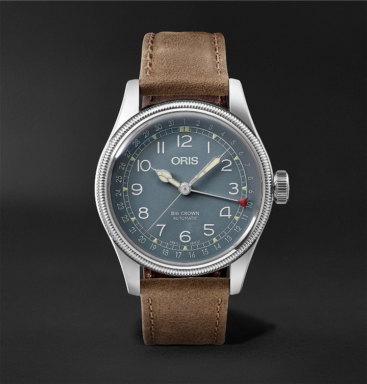 Photo: ORIS - Big Crown Pointer Date Automatic 40mm Stainless Steel and Suede Watch, Ref. No. 01 754 7741 4065-07 5 20 63 - Blue