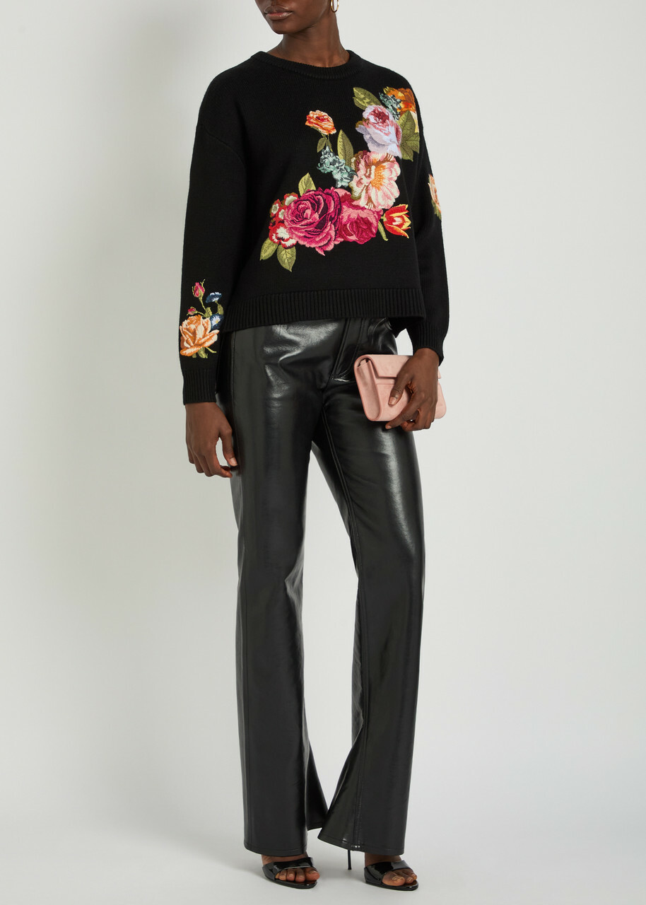 Alice + Olivia Belva Floral-jacquard Stretch-wool Jumper Black