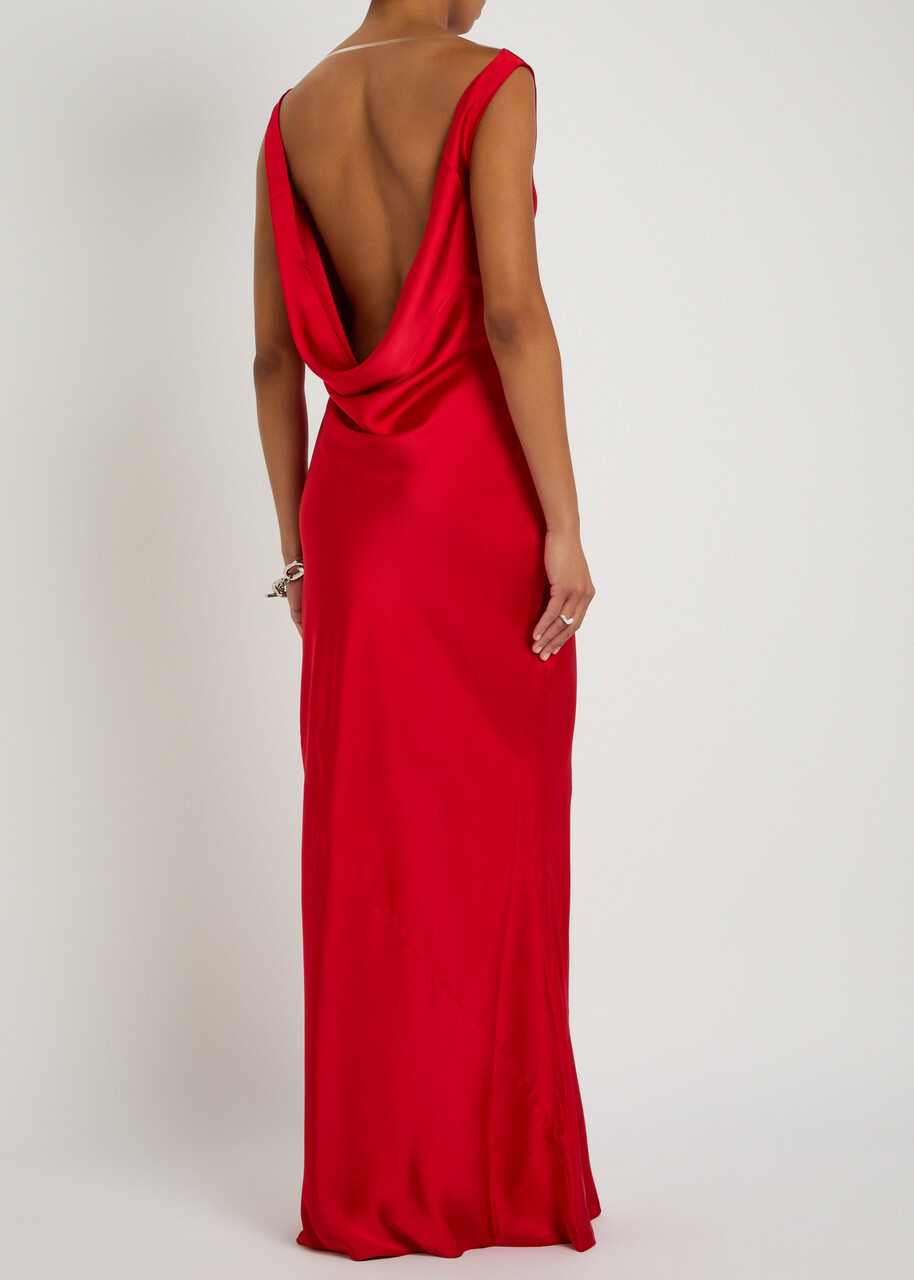 Norma Kamali Sleeveless Low Back Drape Satin Gown Red