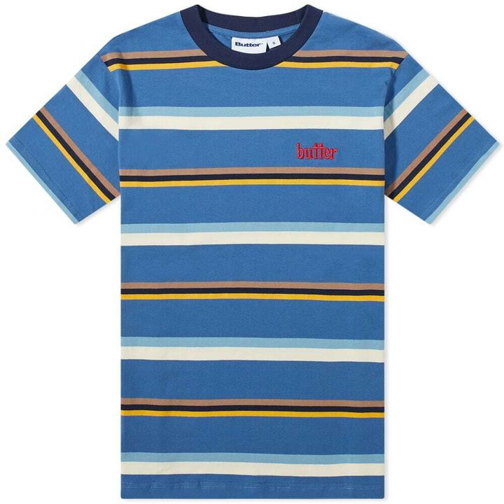 Photo: Butter Goods Men's Base Stripe T-Shirt in Blue/Yellow/Tan