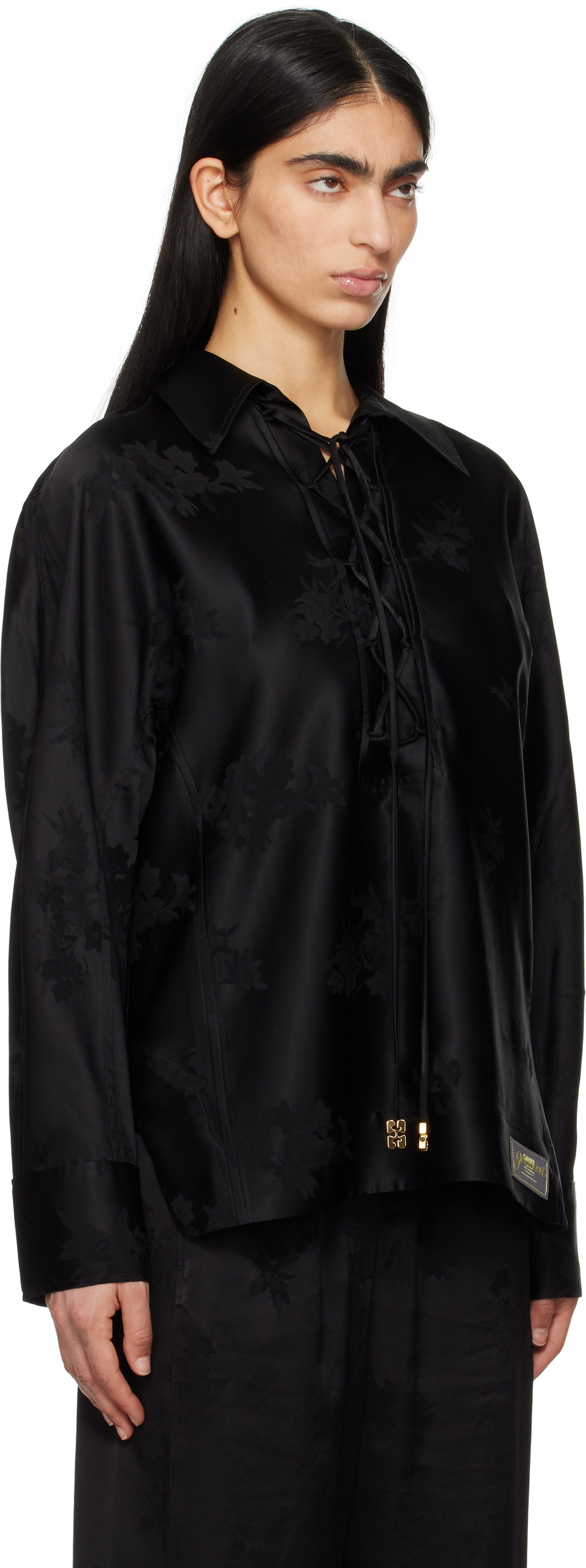 GANNI Black Satin Jacquard Tie String Shirt GANNI