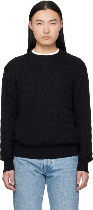 Photo: Ralph Lauren Purple Label Black Cotton Silk Cable Crewneck Sweater