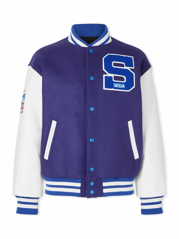 Photo: SAINT MXXXXXX - SEGA Wool-Blend and Leather Varsity Jacket - Blue