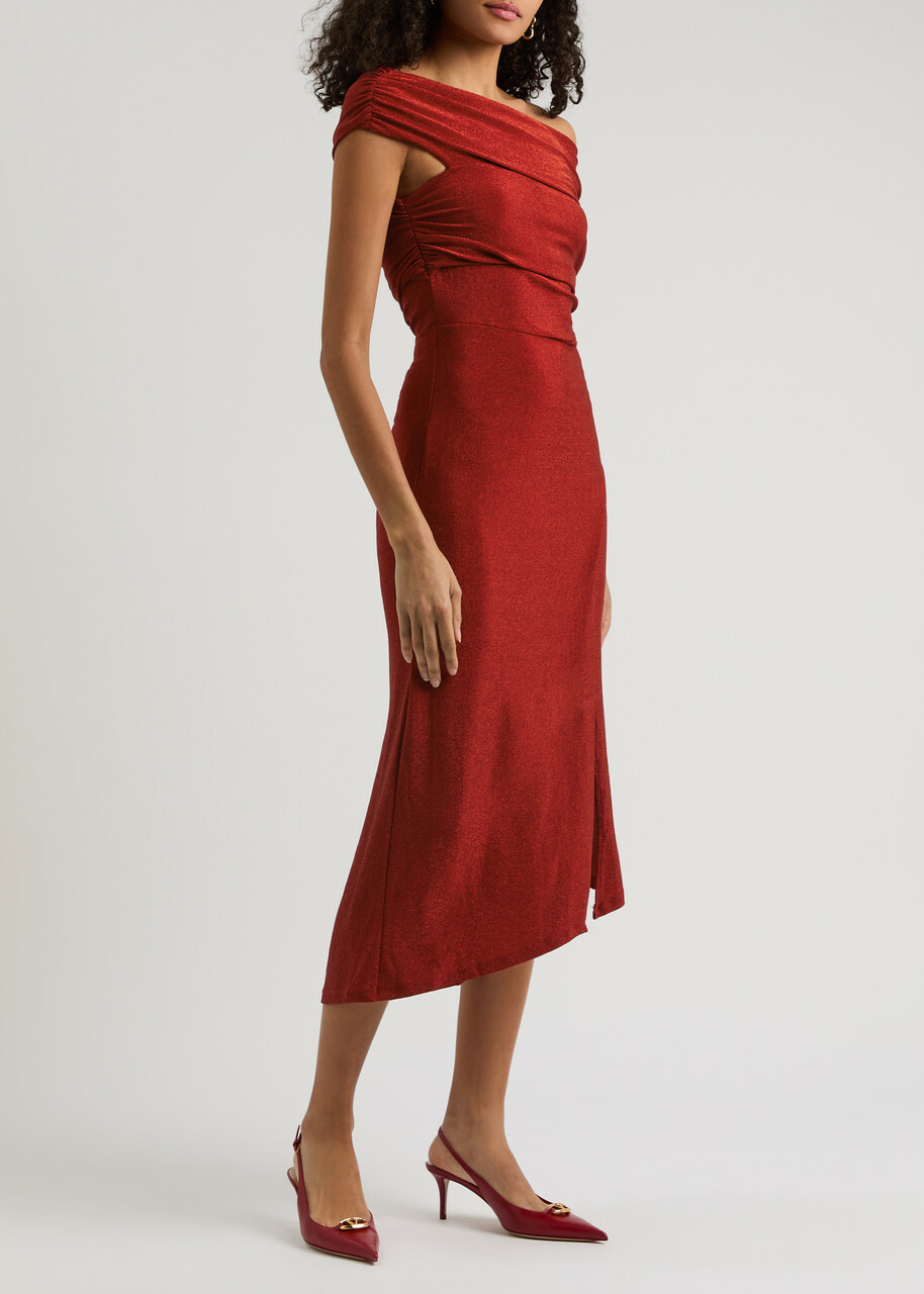 diane von furstenberg dress red DIANE VON FURSTENBERG DVF Lipstick Red One Shoulder Ruffle Front Lace Dress, 2