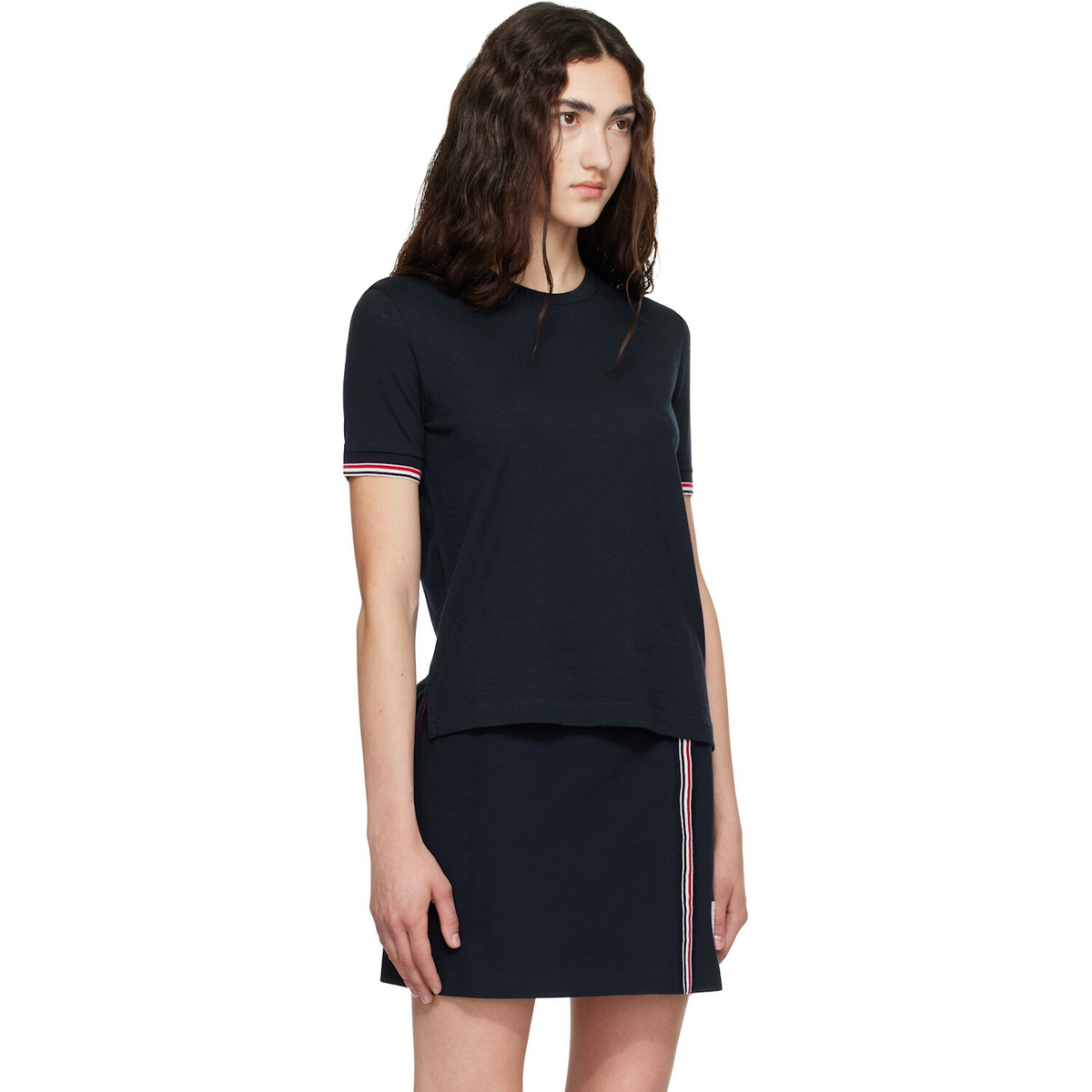 Thom Browne Navy Rib Cuff RWB Tipping Wool Jersey T-shirt