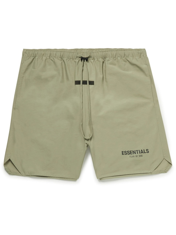 Photo: Fear of God Essentials - Wide-Leg Logo-Print Cotton-Blend Shell Drawstring Shorts - Green