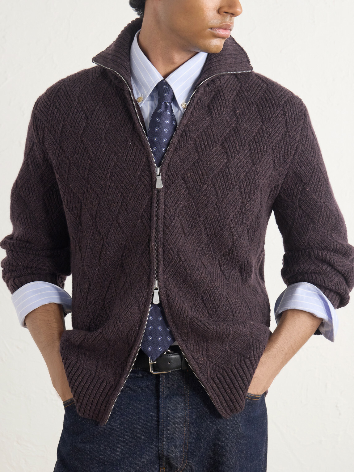 Eleventy - Cable-Knit Wool and Cashmere-Blend Zip-Up Sweater - Burgundy
