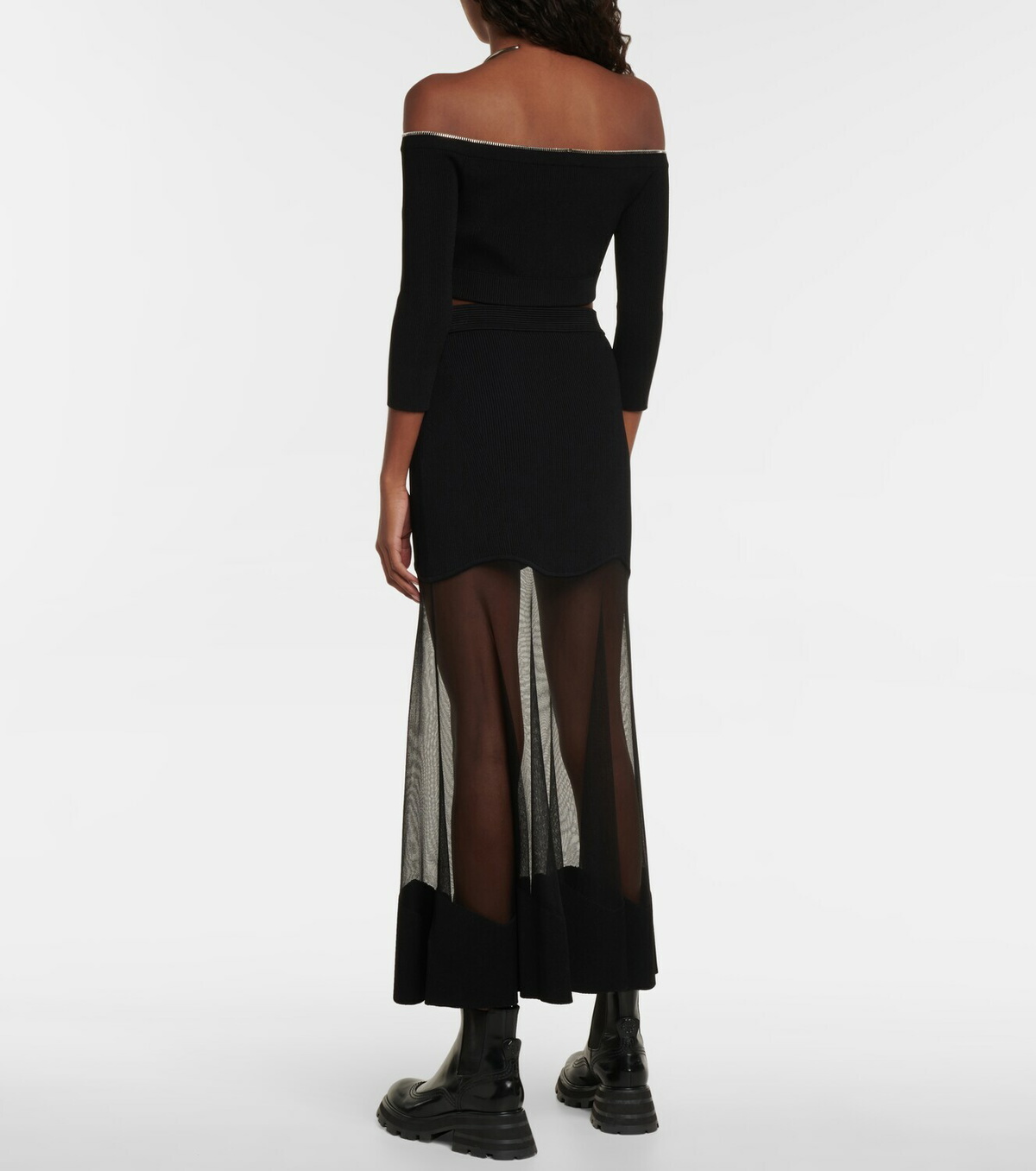 【関税込み】alexander mcqueen Ribbed midi skirt Alexander McQueen Mesh-paneled ribbed-knit midi skirt