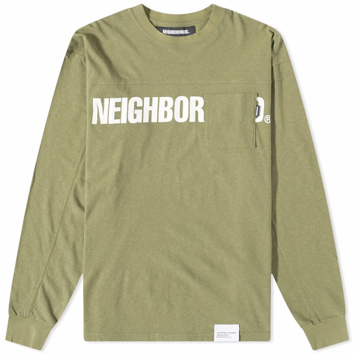 Photo: Neighborhood Men's Long Sleeve Logo Print Pocket T-Shirt in Olive Drab