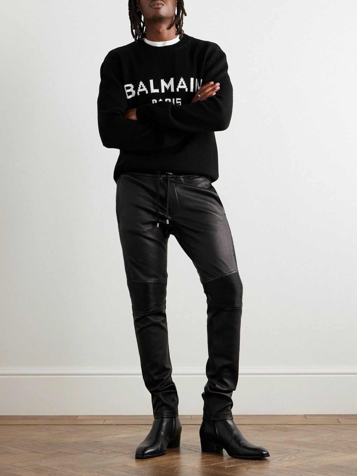 Balmain - Slim-Fit Panelled Leather Trousers - Black Balmain