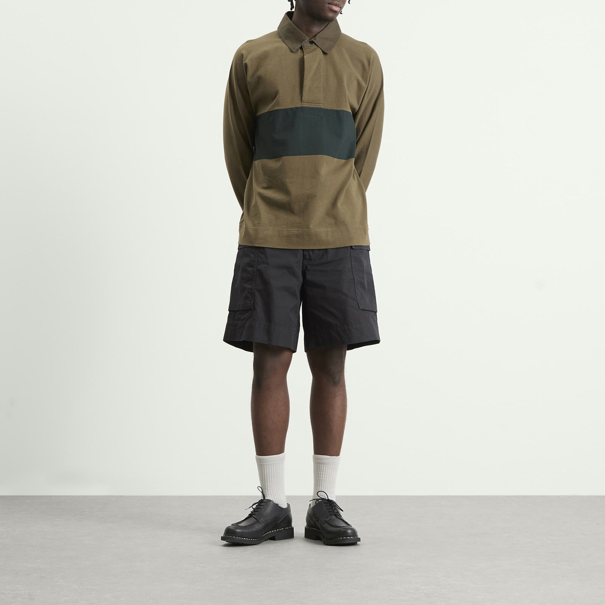 MHL by Margaret Howell Men's Rugby Shirt in Khaki Green/Black Green