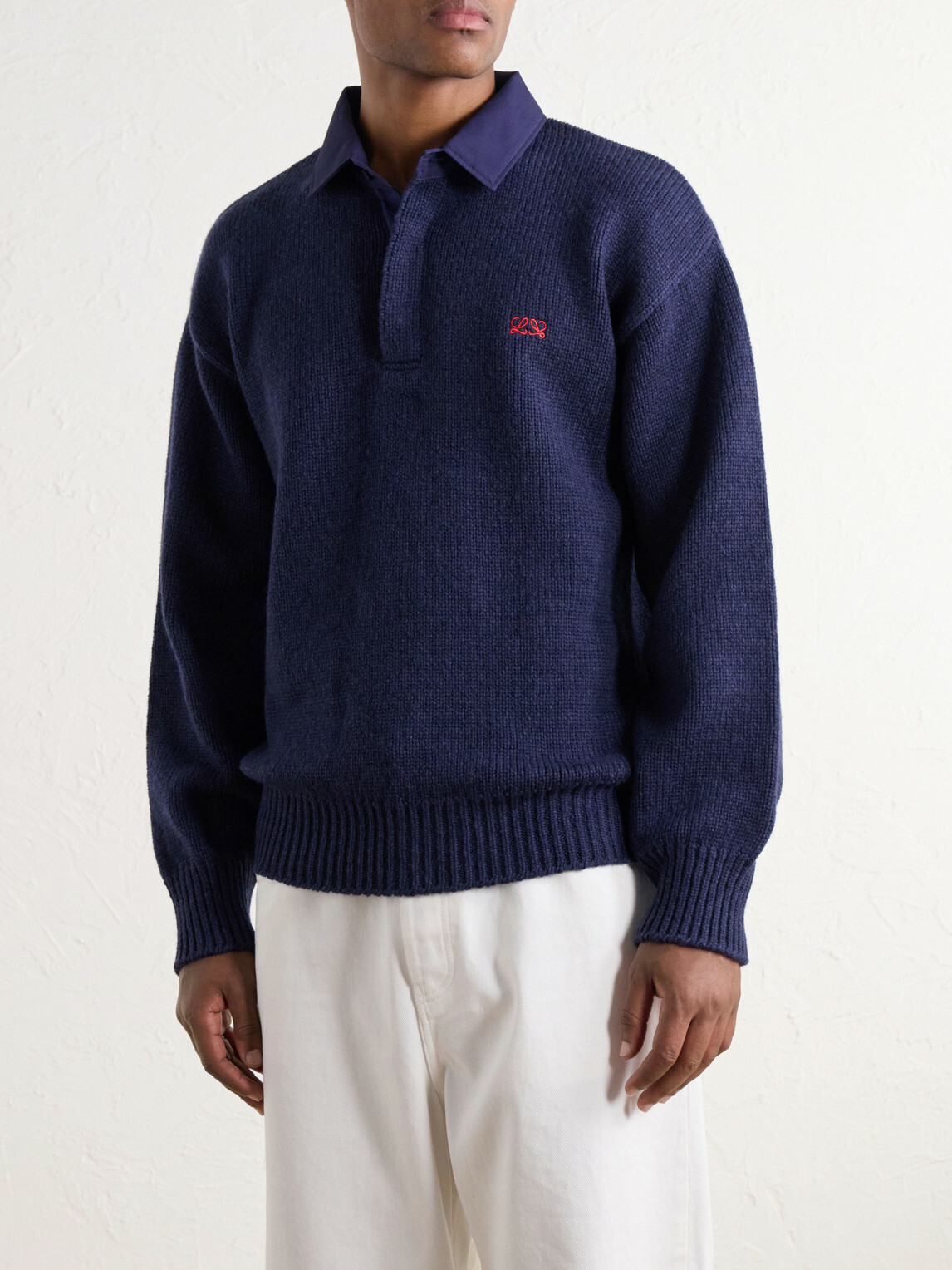 LOEWE - Logo-Embroidered Cotton Twill-Trimmed Wool-Blend Polo Sweater - Blue
