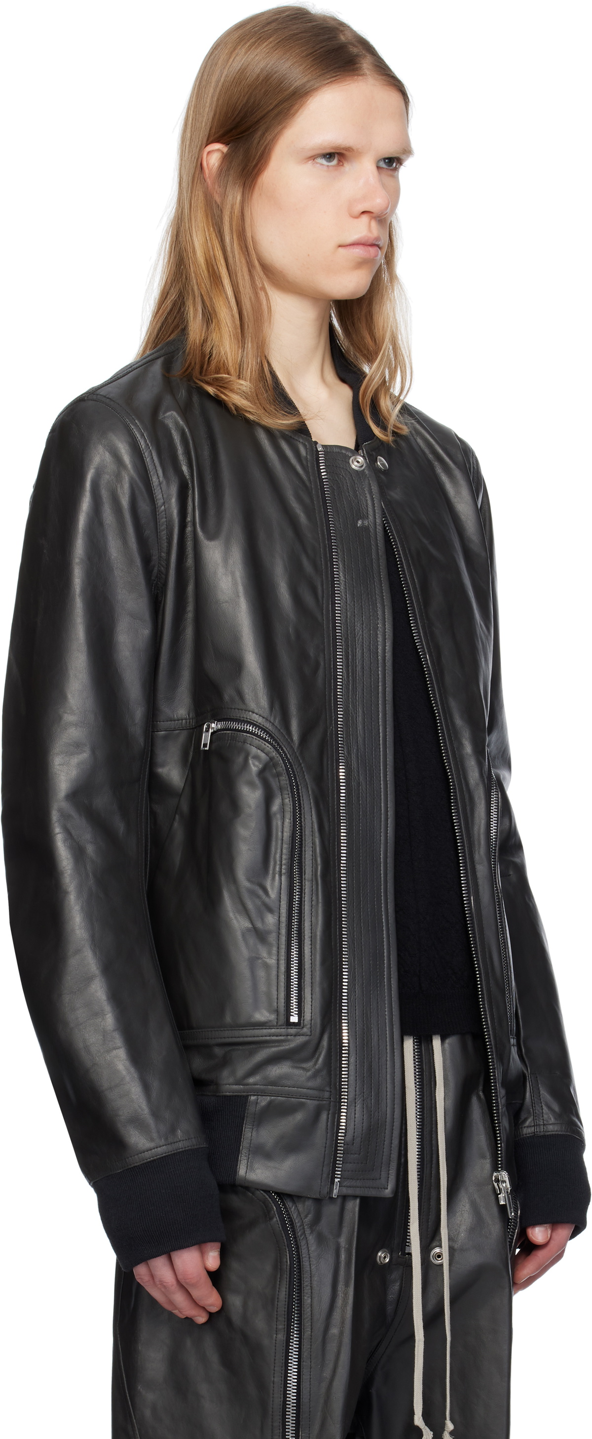 Rick Owens Black Hollywood Bauhaus Leather Flight Jacket