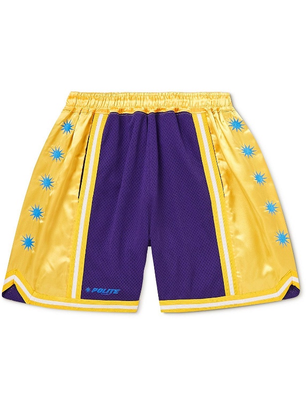 Photo: POLITE WORLDWIDE® - Wide-Leg Embroidered Silk-Satin and Mesh Shorts - Yellow