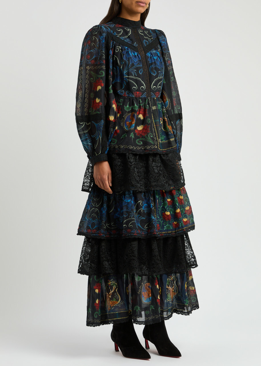 Farm Rio Printed Lace-trim Cotton Maxi Dress Black