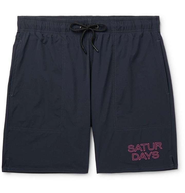 Photo: Saturdays NYC - Wide-Leg Long-Length Logo-Print Swim Shorts - Navy