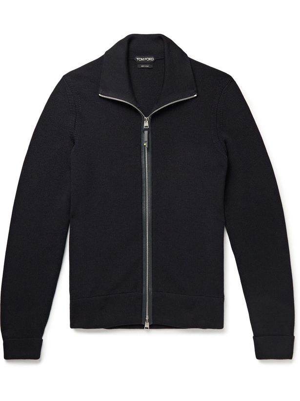 Photo: TOM FORD - Slim-Fit Leather-Trimmed Wool Zip-Up Cardigan - Blue