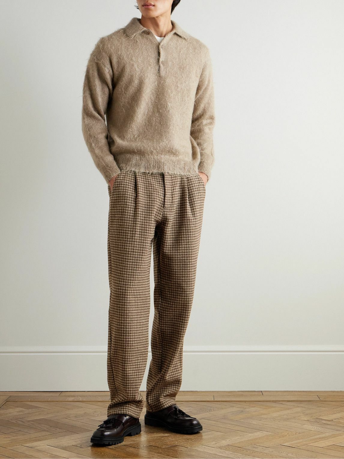 Oliver Spencer - Morton Straight-Leg Pleated Houndstooth Wool Trousers - Neutrals