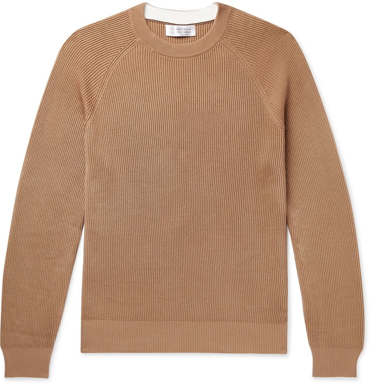 Photo: Brunello Cucinelli - Contrast-Tipped Ribbed Cotton Sweater - Neutrals