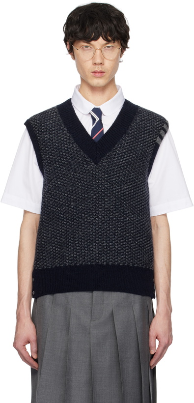 Photo: Thom Browne Navy Mohair Tweed 4-Bar V Neck Vest