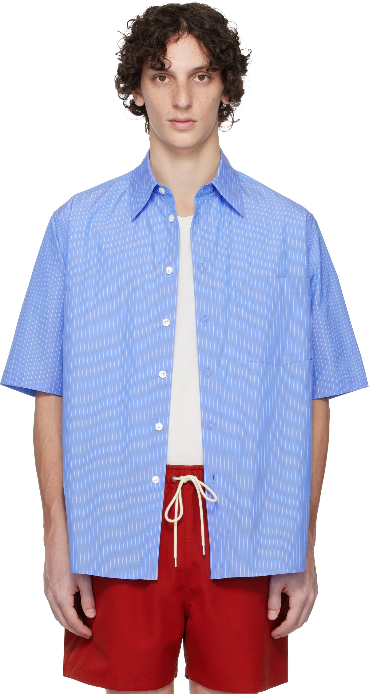 AURALEE Blue Suvin High Count Cloth Stripe Shirt Auralee