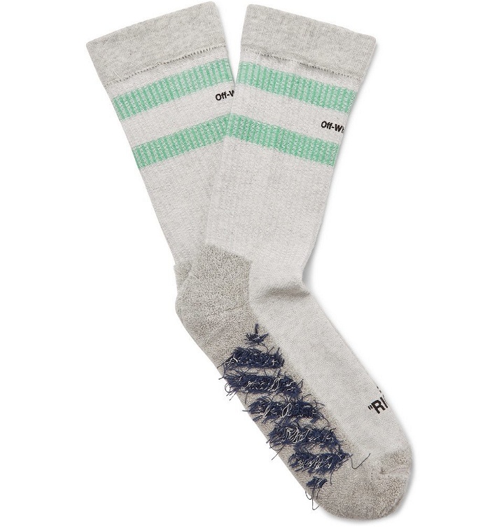 Photo: Off-White - Logo-Intarsia Stretch Cotton-Blend Socks - Men - Light gray