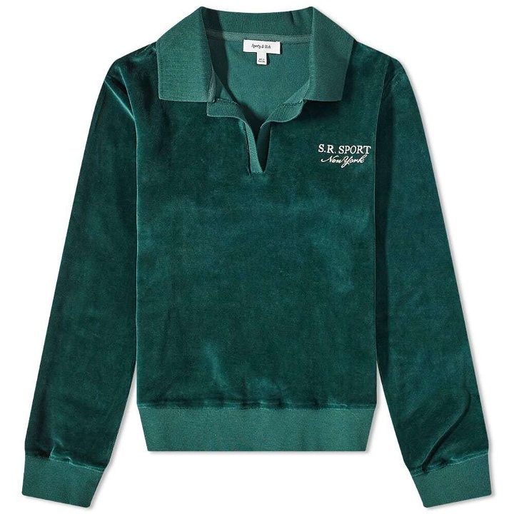 Photo: Sporty & Rich Long Sleeve Amamda Velour Polo Shirt in Forest/White